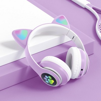 Беспроводные Bluetooth наушники с ушками с LED подсветкой Cat Ear STN-28 сиреневые