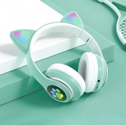 Беспроводные Bluetooth наушники с ушками с LED подсветкой Cat Ear STN-28 зеленые