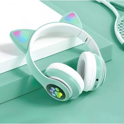 Беспроводные Bluetooth наушники с ушками с LED подсветкой Cat Ear STN-28 зеленые